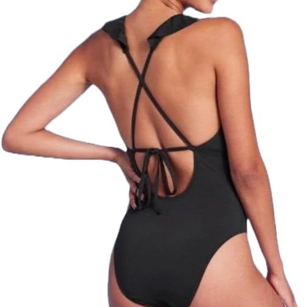 SHADE SHORE Black Plunge Flounce Neckline One Piece Swimsuit Womens Medium